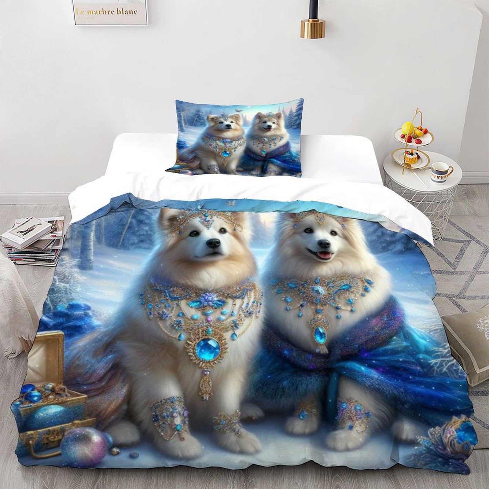 Parure de lit loup blanc en microfibre housse de couette 135x200 et taies d'oreiller