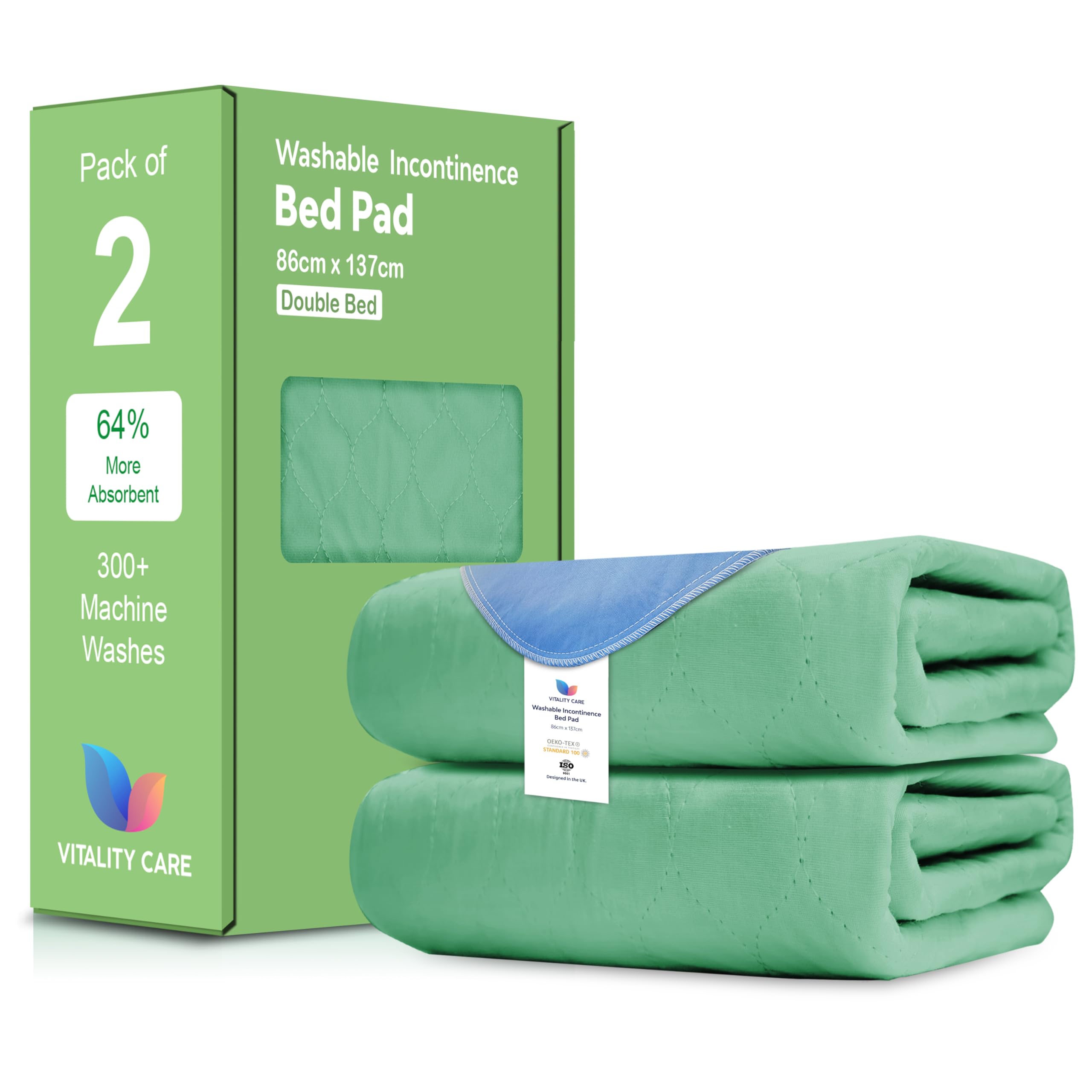 Vitality Care Green Washable Incontinence Bed Pads, Waterproof Mattress Protector, Water Absorbent, Polyester Cotton Rayon Blend, Rectangle Shape, 86X137cm, Pack Of 2