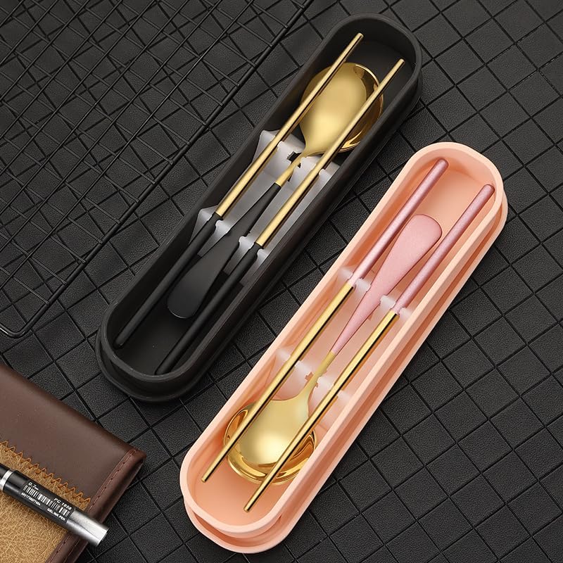 Silverware Flatware Set, 304 Stainless Steel Tableware Set, Outdoor Travel Convenient Spoon And Chopsticks Set With Storage Box (Color : Black, Size : 4Set-8Pcs)