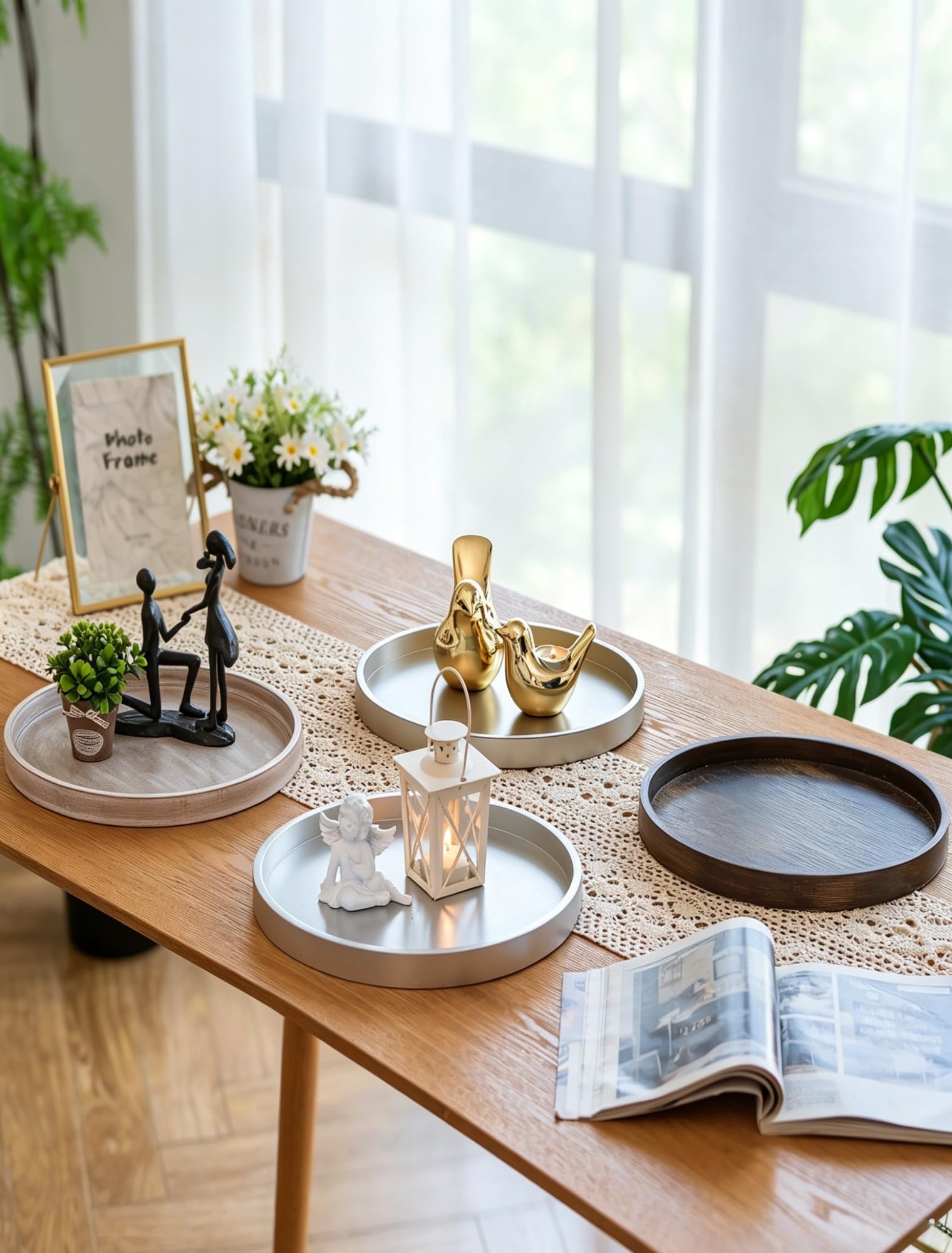 Hanobe Plateau de Service Bois: Rustique Plat Decoratif Rond Petit Marron Cafe Plateaux Perles Boho Mini Table Plats Ferme Deco pour Repas Canapé Cuisine, 30cm