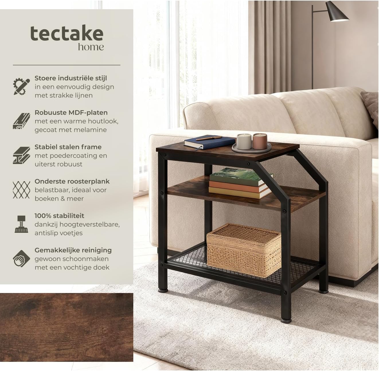 tectake Plymouth Industrial Side Table assembled next to a sofa