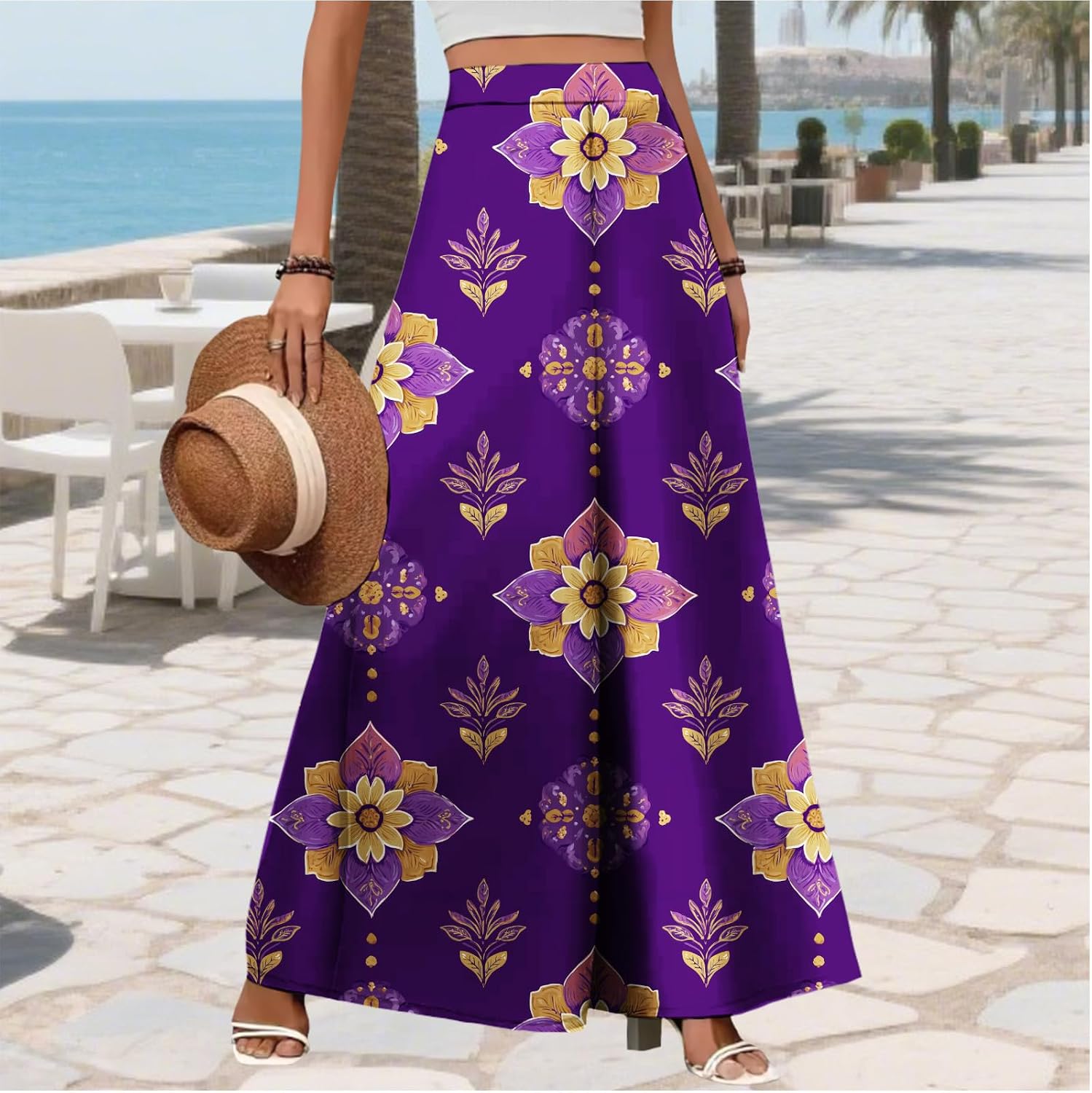 Vintage Blue White Bohemian Print High Waist A Line Maxi Pant for Women Elegant Summer Tile Pattern Flowing Long Pant Casual Vacation Beach Outfit image 2
