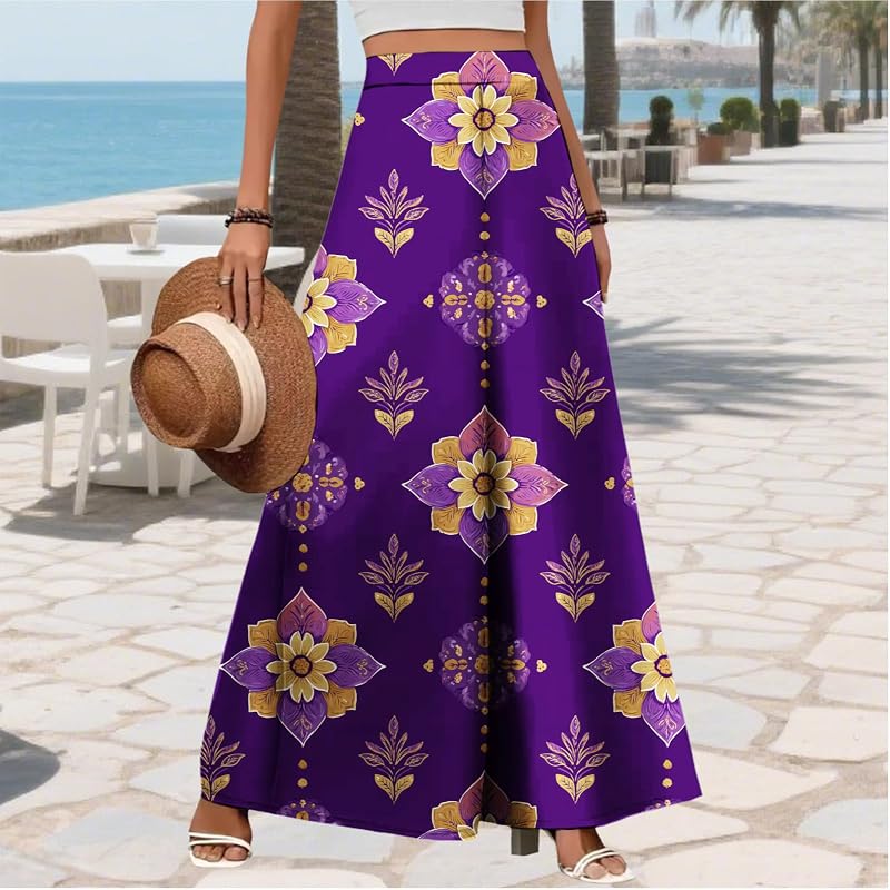 Vintage Blue White Bohemian Print High Waist A Line Maxi Pant for Women Elegant Summer Tile Pattern Flowing Long Pant Casual Vacation Beach Outfit image 2