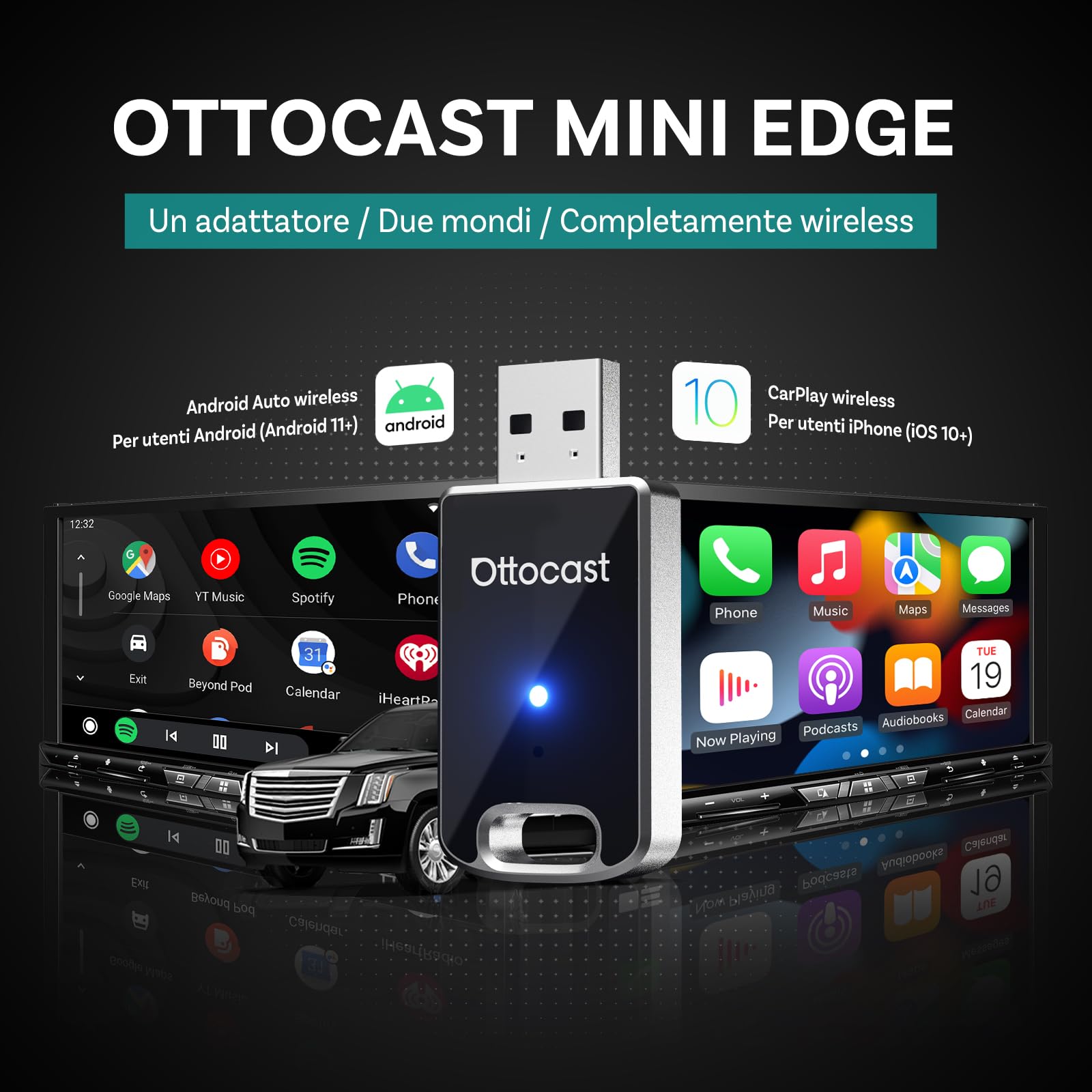 OTTOCAST 2 in 1 - Adattatore auto wireless carplay Android, OTTO CAST Mini Edge per iOS 10+ & Android 11+, collegamento senza soluzione di continuità per veicoli con Carplay/AndroidAuto