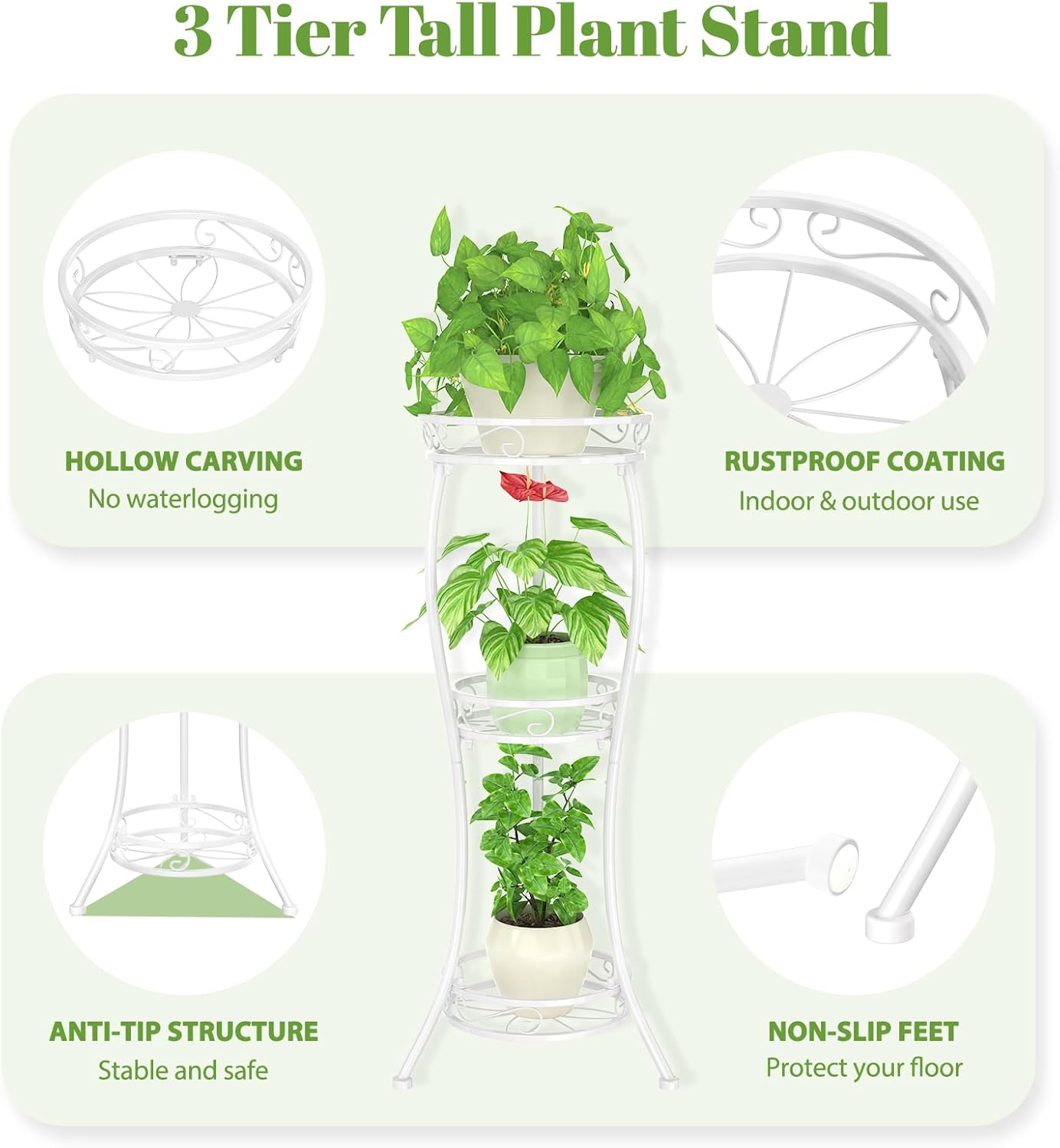 iDavisic.ly 3 Tier Metal Plant Stands Set of 2, Tiered Corner Wrought Iron Flower Pot Holder Shelf and 34 Inch Tall Vertical Heavy Duty Display Rack for Patio Porch Living Room Garden Office, White