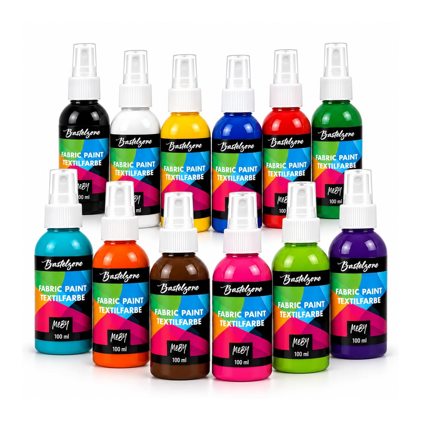 Set di colori spray per tessuti chiari. 12 colori ciascuno da 100 ml. T-shirt colori in flaconi spray. Facile fissaggio e lavabile fino a 40°C. Effetti creativi su tessuto (12 colori)