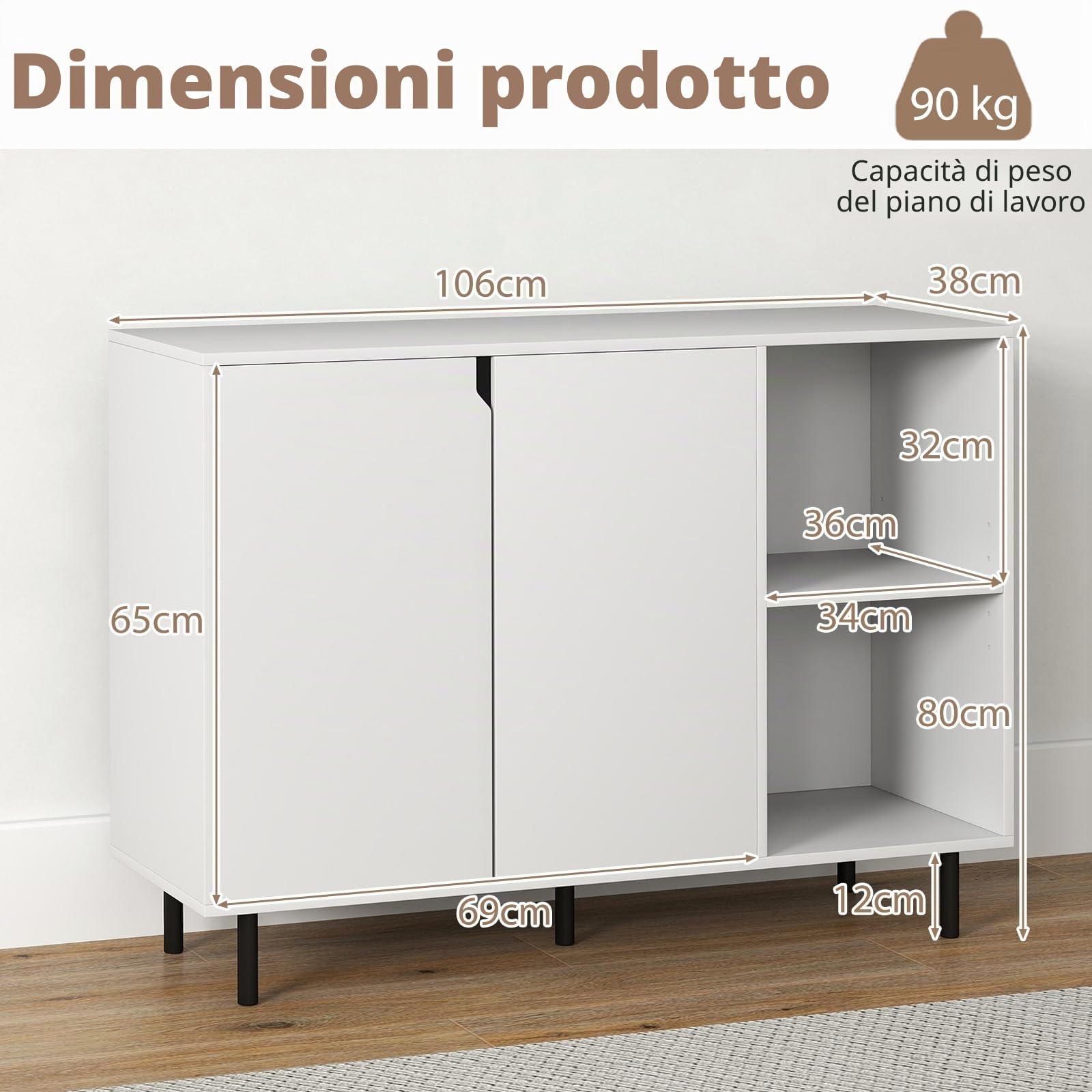 KOMFOTTEU Credenza Cucina Bianca, Armadio Dispensa con Ante, Ripiano Regolabile in 5 Livelli e Dispositivo Anti-Ribaltamento, Mobile Buffet per Soggiorno e Corridoio, 106x38x80cm (L x P x A) (Bianco)