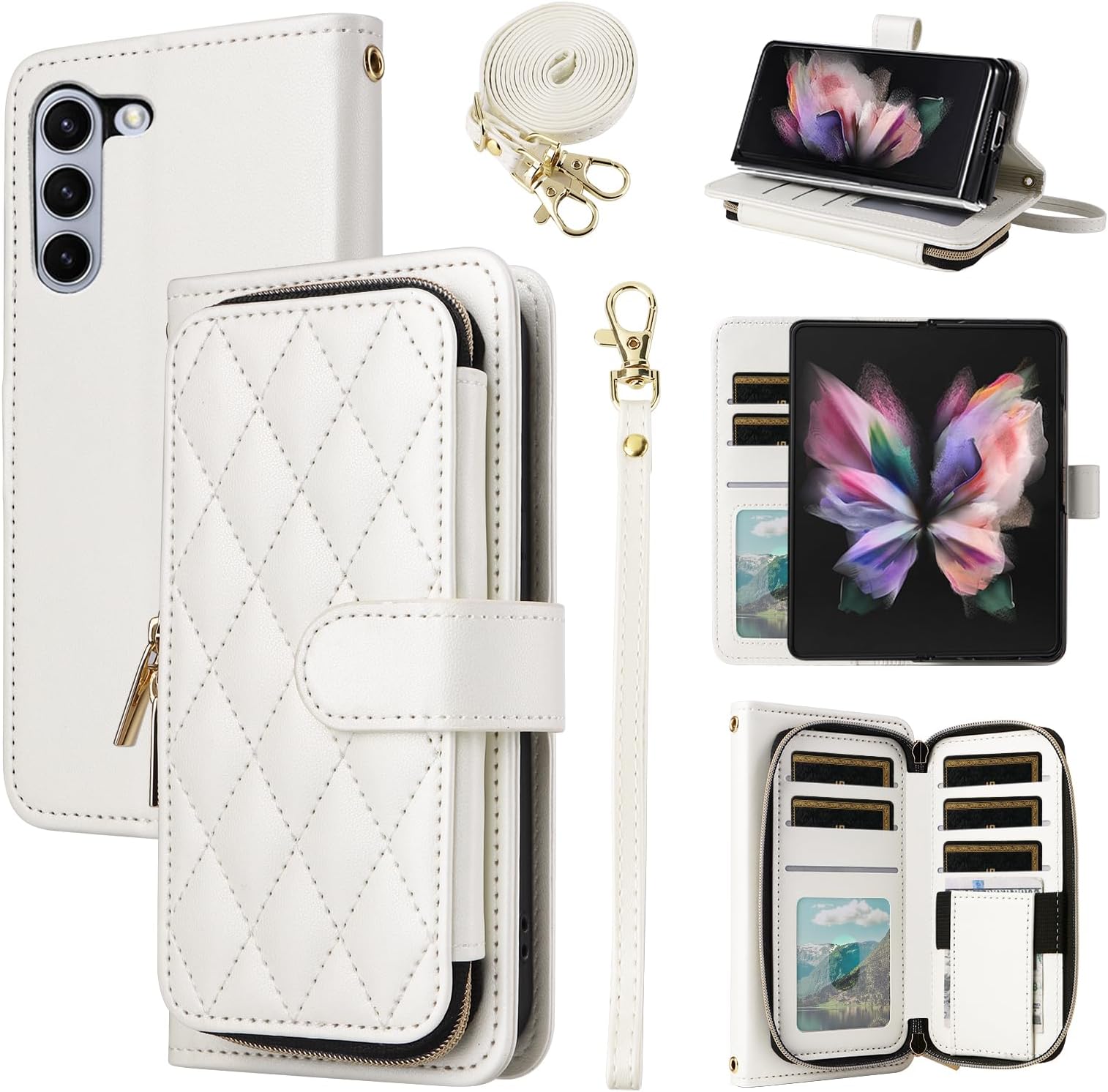 Argyle Wallet Case for Samsung Galaxy Z Fold 6 5G 2024 with Wrist Strap Shoulder Strap Card Slot Zipper Purse Luxury PU Leather Stand Cell Phone Cover for ZFold6 Z6 G Fold6 6Z Girls White