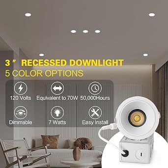 3 Inch LED Recessed Downlight,7W Dimmable Anti-Glare Ceiling Light with Junction Box, CRI92 560LM,5 CCT (2700K-5000K) White Lighting Fixture (6)