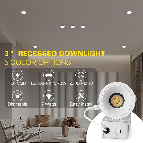 3 Inch LED Recessed Downlight,7W Dimmable Anti-Glare Ceiling Light with Junction Box, CRI92 560LM,5 CCT (2700K-5000K) White Lighting Fixture (6)