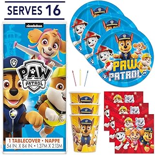 Paw Patrol Theme Birthday Party Set - Serves 16 - Tablecover, Plates, Napkins, Cups, Candles