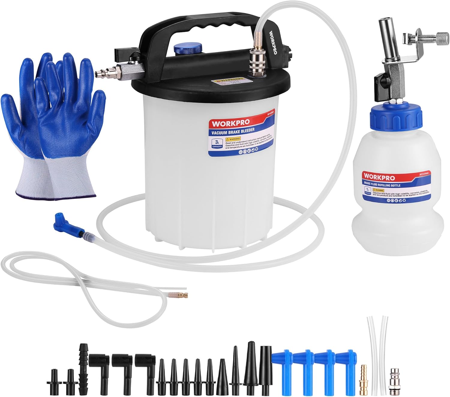 Product image of WORKPRO 3L Vacuum Brake Bleeder Kit, Pneumatic Brake Bleeder for One Person, with 1L Brake Fluid Refill Bottle, 22 Adapters, Air Coupler & Gloves, Brake Bleeding Tool for Various Vehicles, Motorcycles