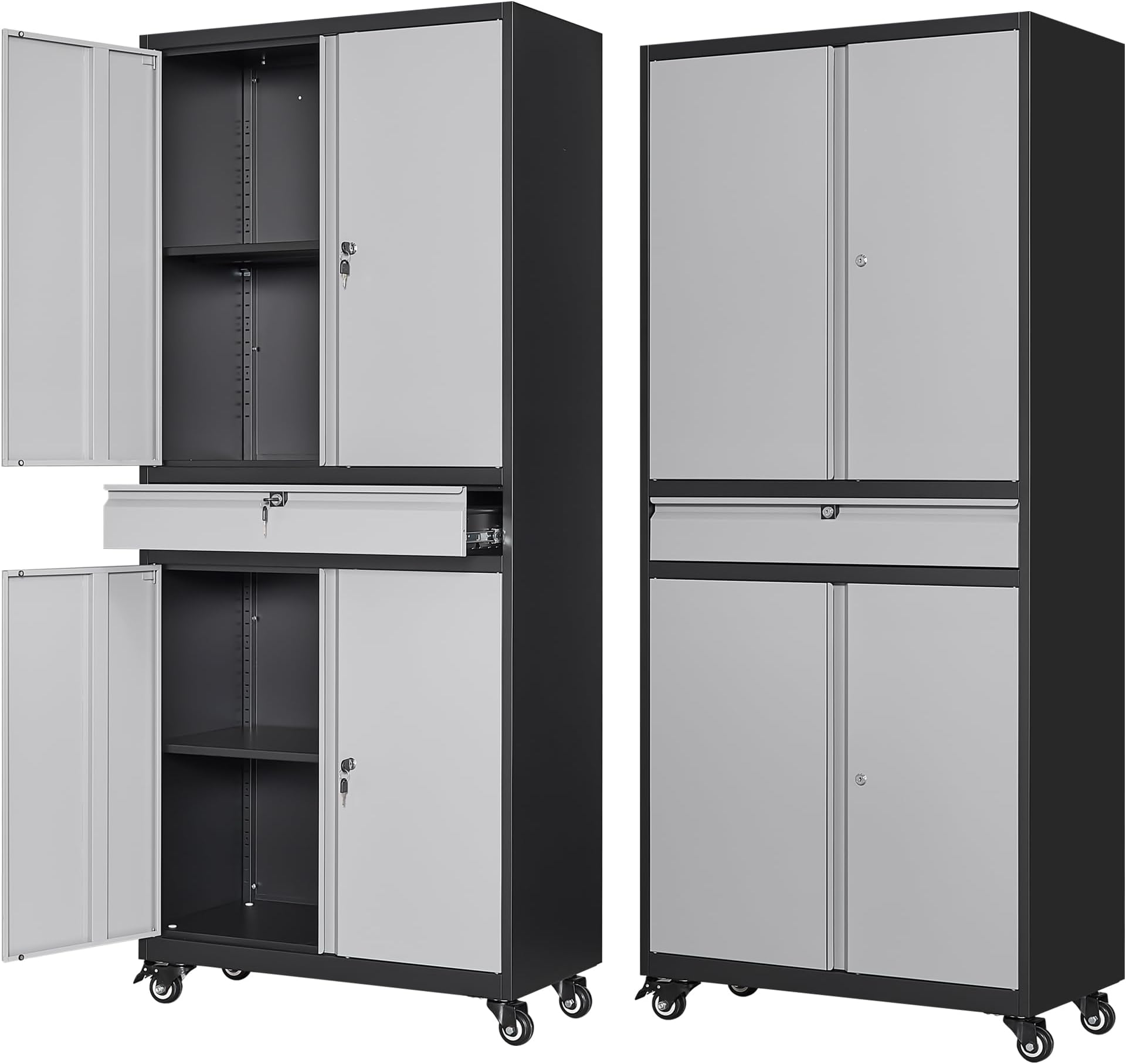 Letaya Metal Garage Storage Cabinet with Wheels,72” Rolling Tool Cabinet with 4 Door Lock-Adjustable Shelves and Drawer for Garage Home Office Utility Room (Black&Gray with Wheels)