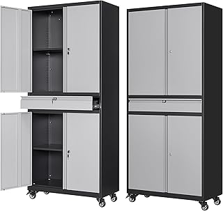 Metal Garage Storage Cabinet with Wheels,72” Rolling Tool Cabinet with 4 Door Lock-Adjustable Shelves and Drawer for Garage Home Office Utility Room (Black&Gray with Wheels)