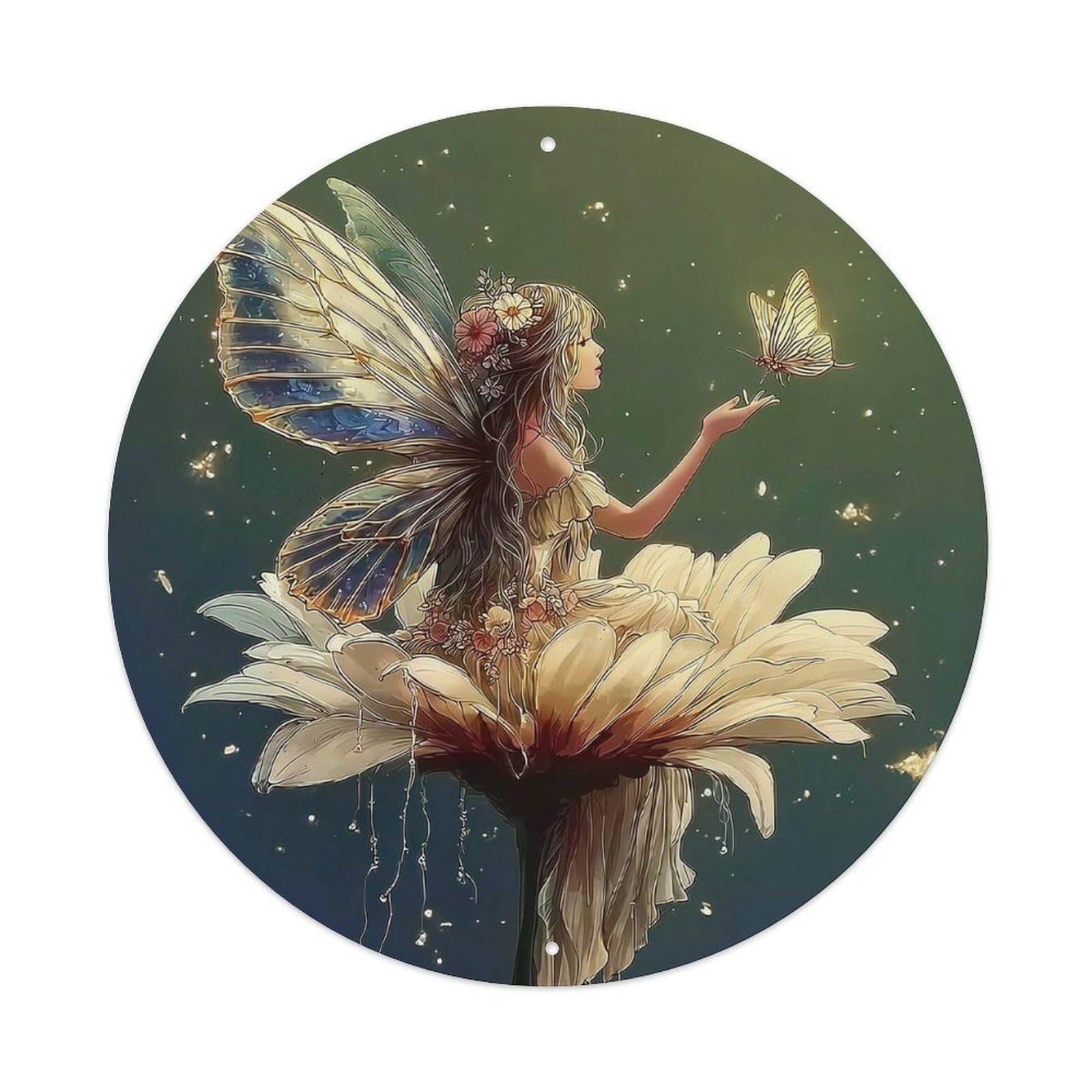 Fairy On Flower With Butterfly Vintage Metal Tin Sign Retro Wall Decor for Home Bar Garage Cafe, Indoor & Outdoor Decorative，circle Metal Poster, 8x8 Inch