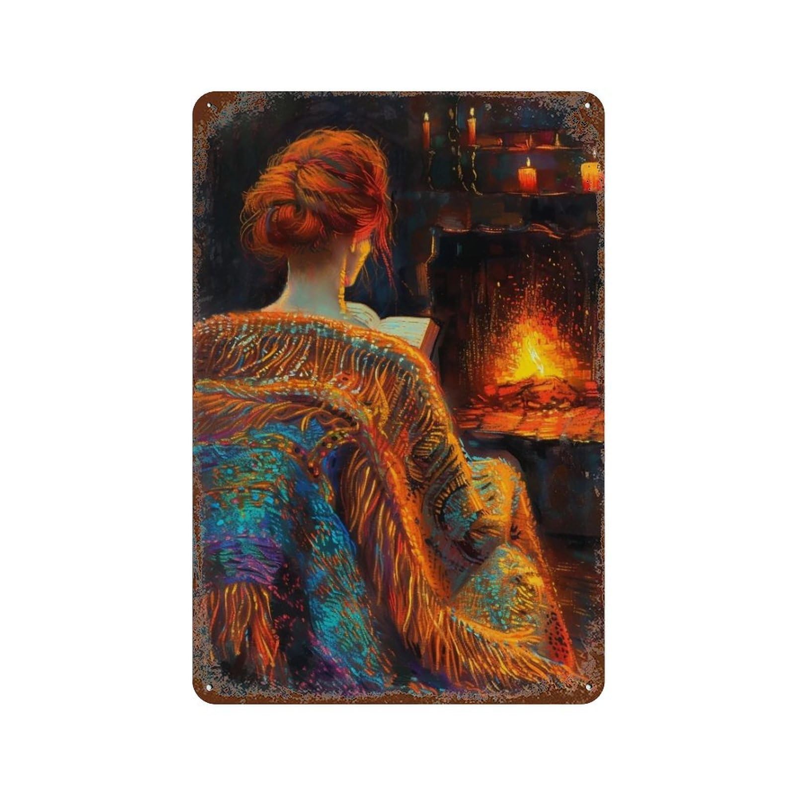 Hduryeyryy Multicolour Reading By Firelight 02 Wall Retro Iron Vintage Art Metal Tin Sign Poster Modern Home Cofffee Club Art Bar Shop Decor 30X20cm