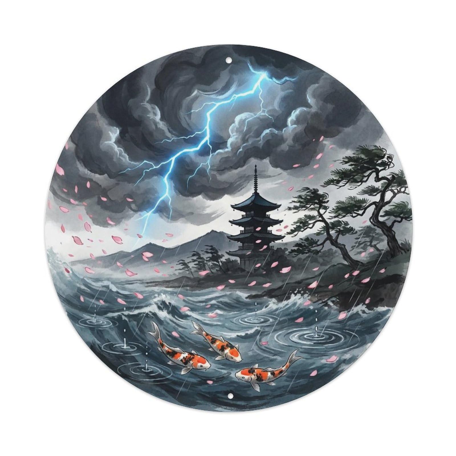 Olyhtr 8X8inch Classic Style Thunder Storm Koi Pond Landscape Dramatic Clouds Metal Tin Sign