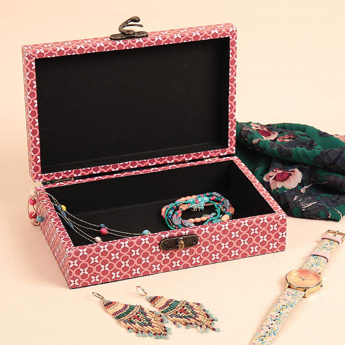 Chumbak Jewelry & Accessories Storage Box for Women | Engineered Wood Organiser with Lock | Pink Scenic Route Print | Gift for Her 3