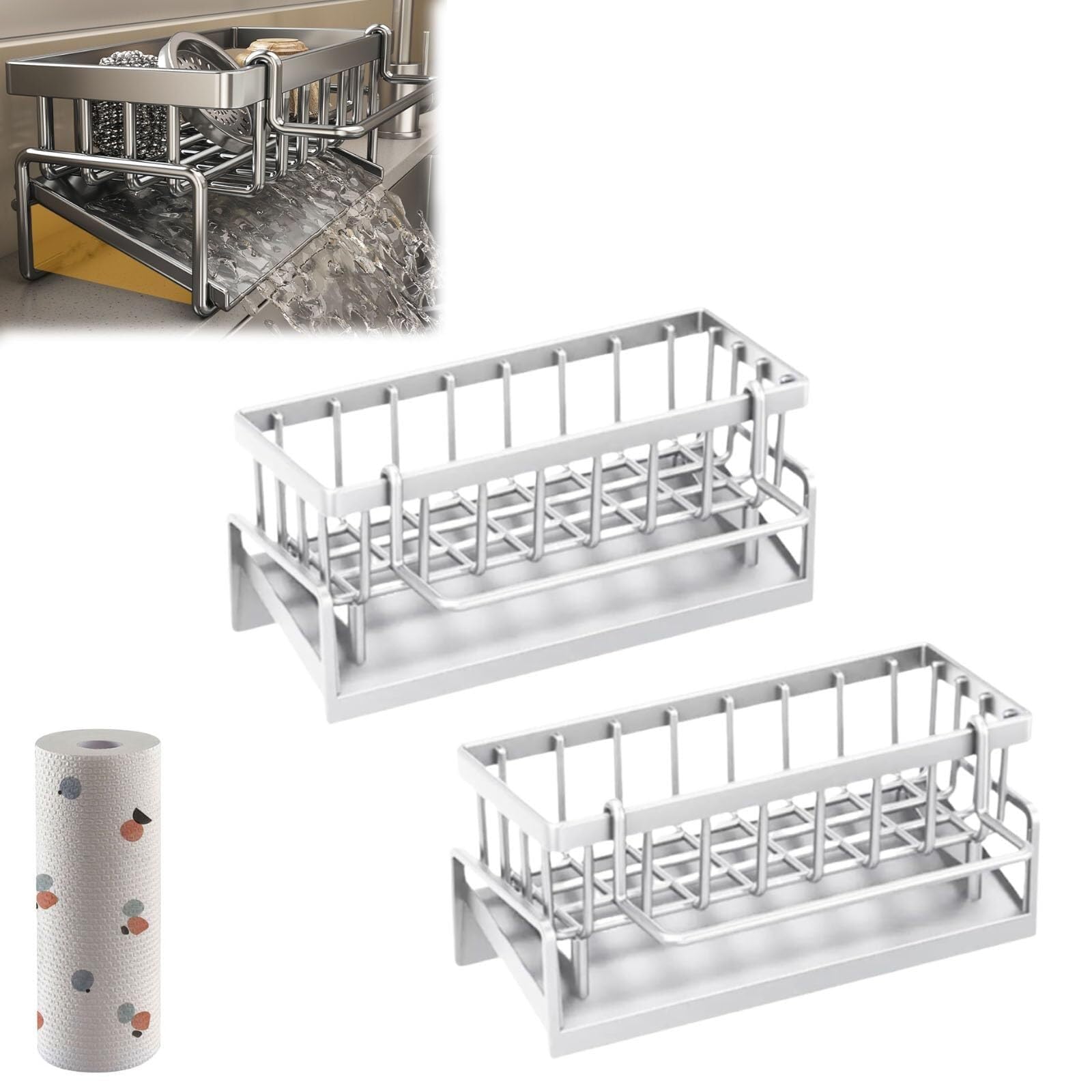 Égouttoir à vaisselle 4 en 1 en acier inoxydable, égouttoir à vaisselle et porte-éponge, distributeur de cuisine, 2 accessoires blancs pour un rangement et une organisation efficaces de l'évier