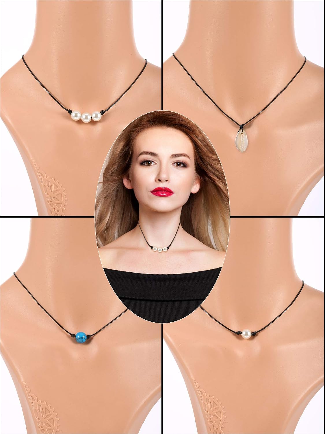 4 Pieces Beads Choker Necklace Include White Crystal Necklace Shell Choker Turquoise Rice Bead Necklace White Rice Bead Choker Necklace