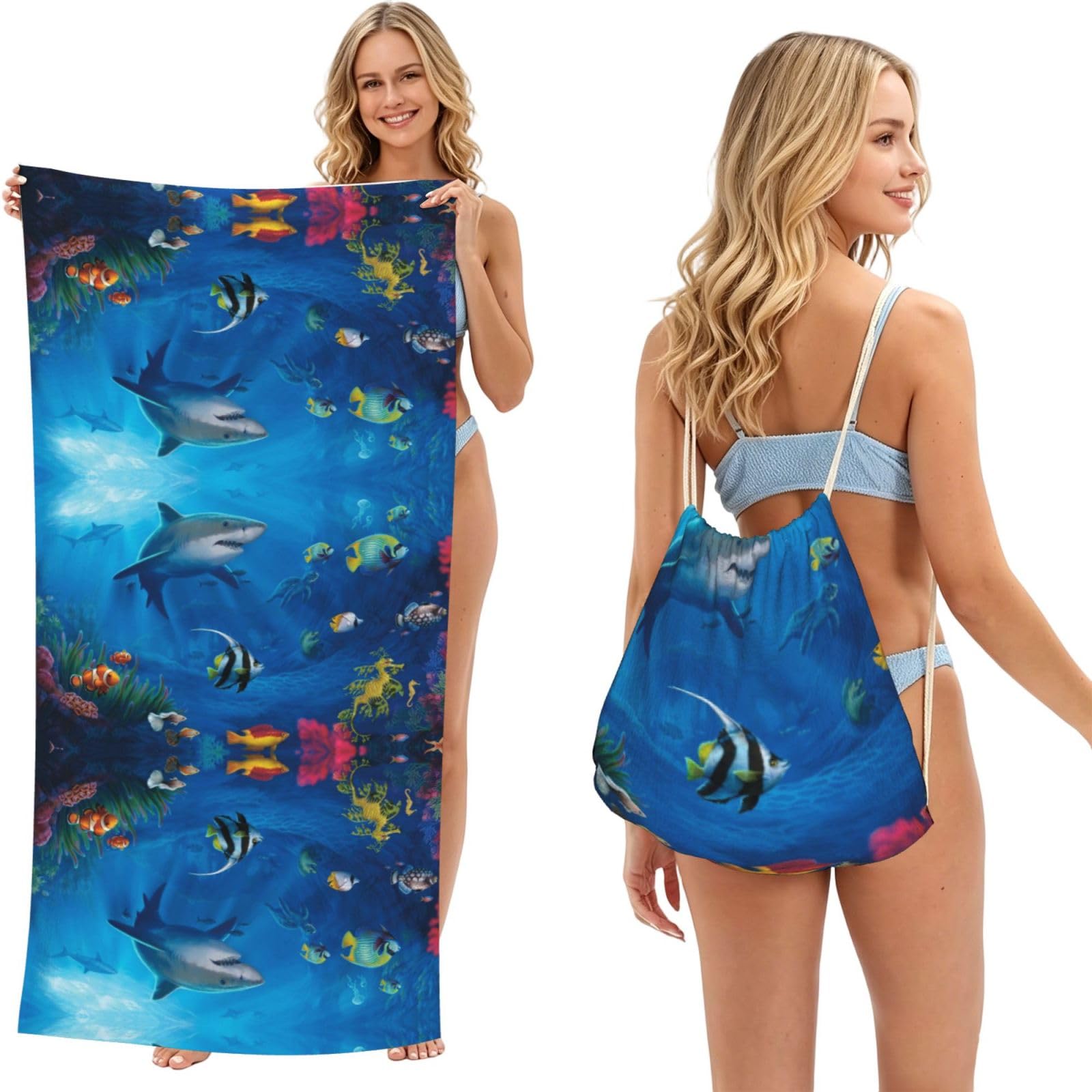 SATUSA Underwater World Print 2-In-1 Foldable Beach Towel Backpack â€“ Camping, Yoga And Travel,Bath Towel With Built-In Storage, Convertible Beach Mat & Carry Bag