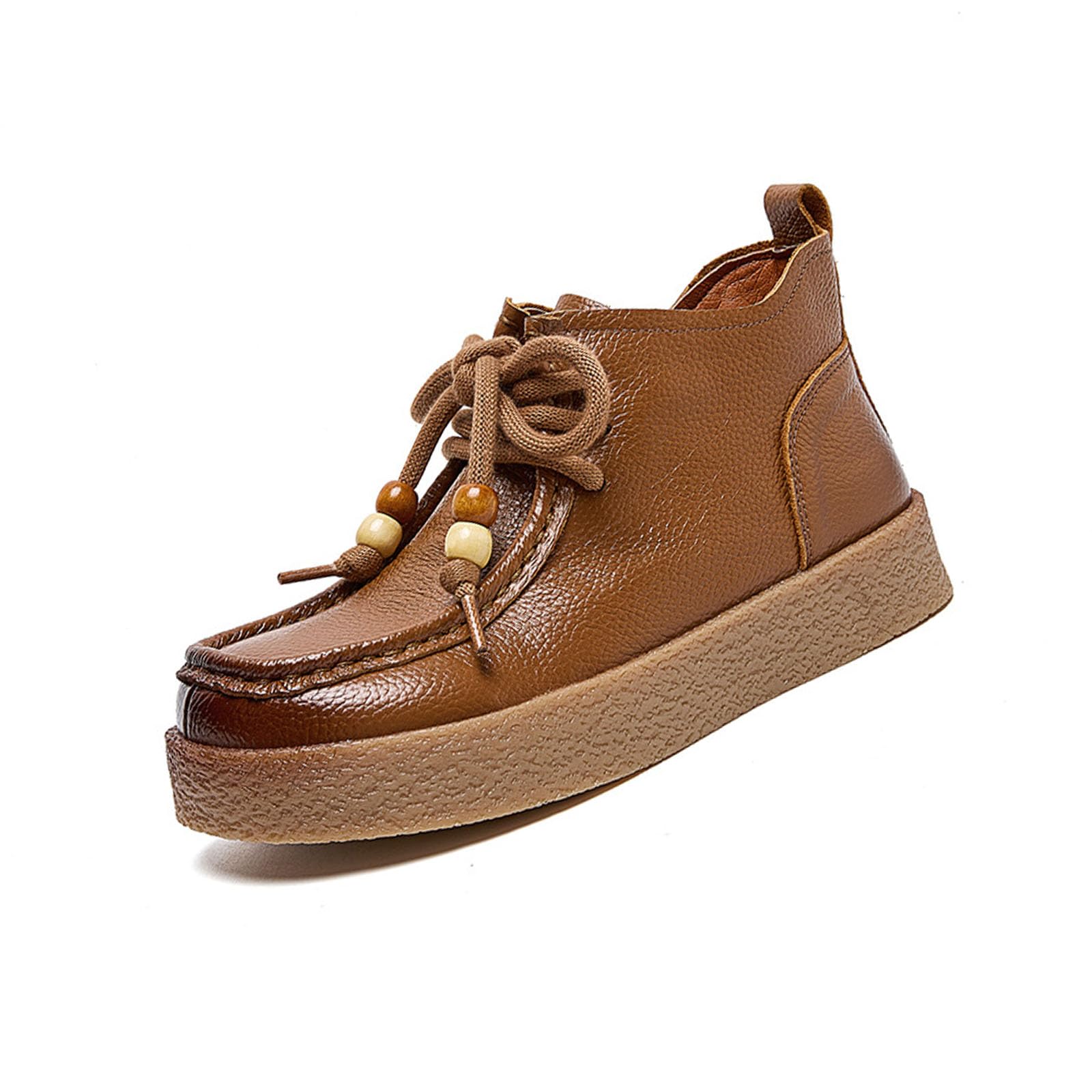womens Genuine Leather Square Toe Platform Retro Ankle Boots with Side Zipper Vintage Lace up beads Flat Non-Slip