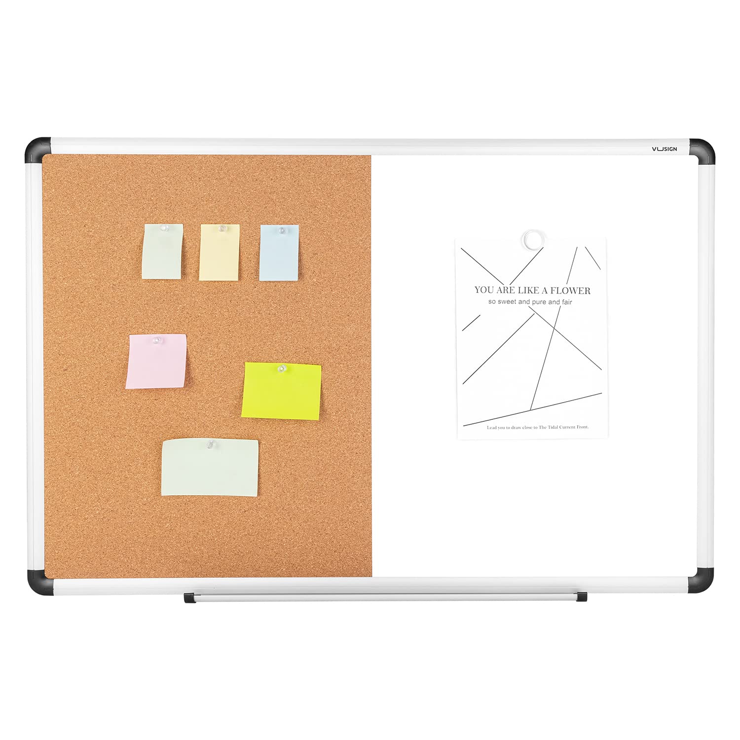 VUSIGN Combinación pizarra magnética y tablero de corcho, 24 x 36 pulgadas, tablero de anuncios montado en la pared, borrado en seco/tablero de corcho combinación con marco de aluminio