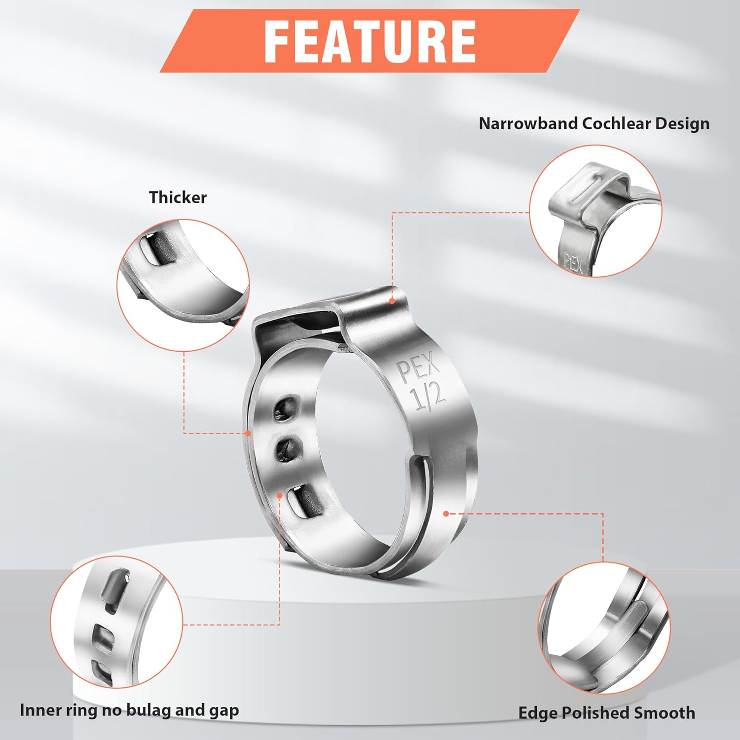 120pcs 1/2 inch pex cinch clamps rings, 304 stainless steel single ear hose clamps, heavy duty pex crimp rings for pex tubing pipe fitting connections 1/2 inch 120 pcs