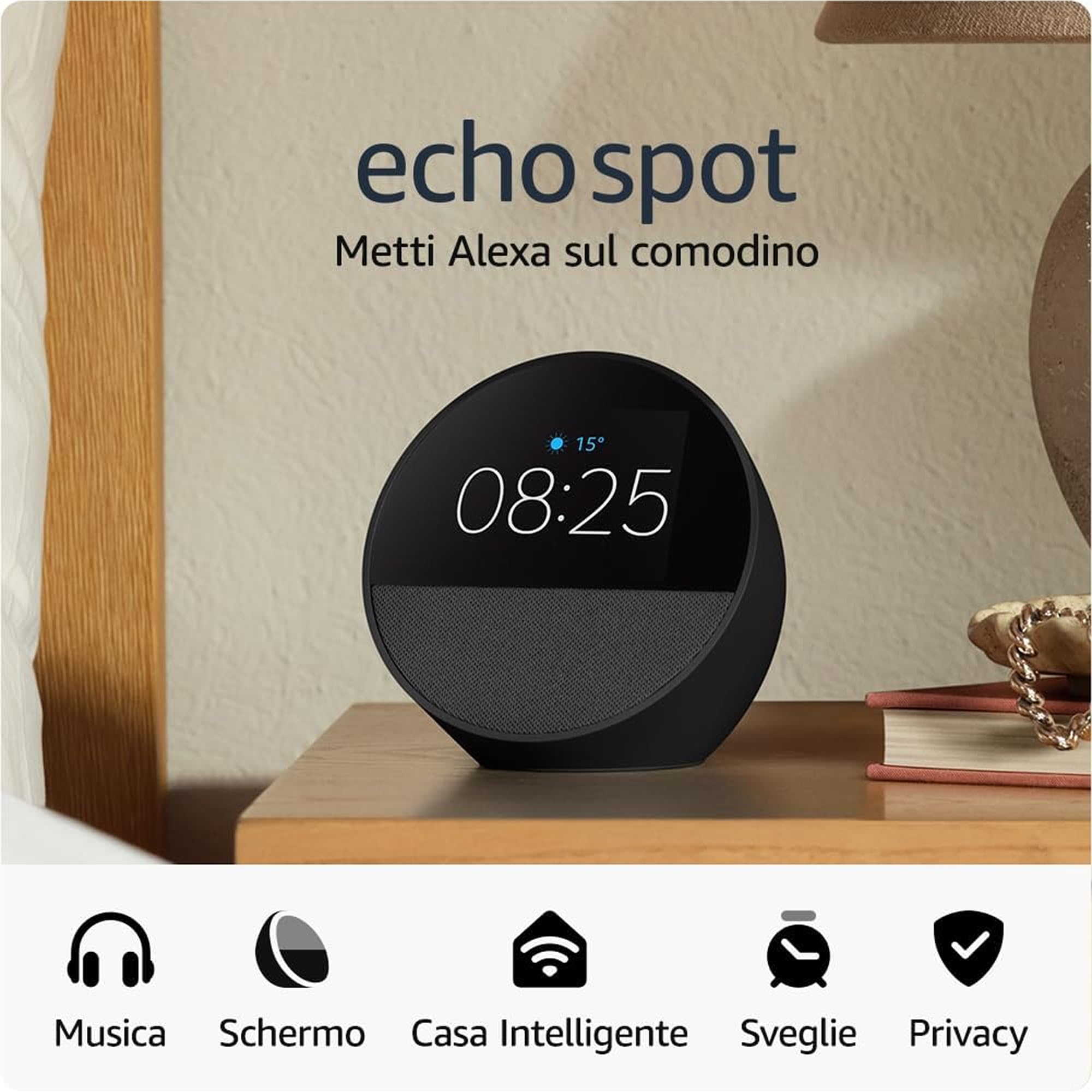 Amazon Echo Spot (Ultimo modello) | Nero + WiZ Presa intelligente, compatibile con Alexa - Kit di base per Casa