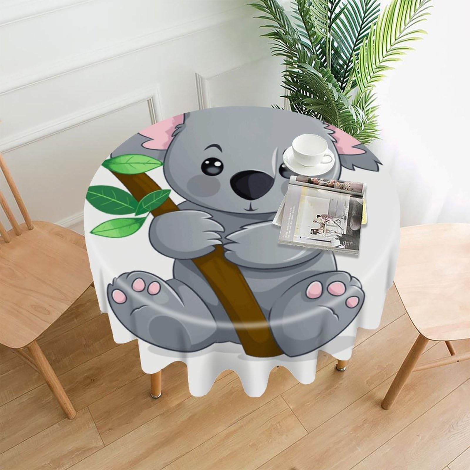 FekiLoot Green Leaf Koala Round Tablecloth Cover 60 Inch Wrinkle Free Washable Polyester Fabric Table Cover Decorative Round Table Cloth for Home Dining Kitchen Party Farmhouse