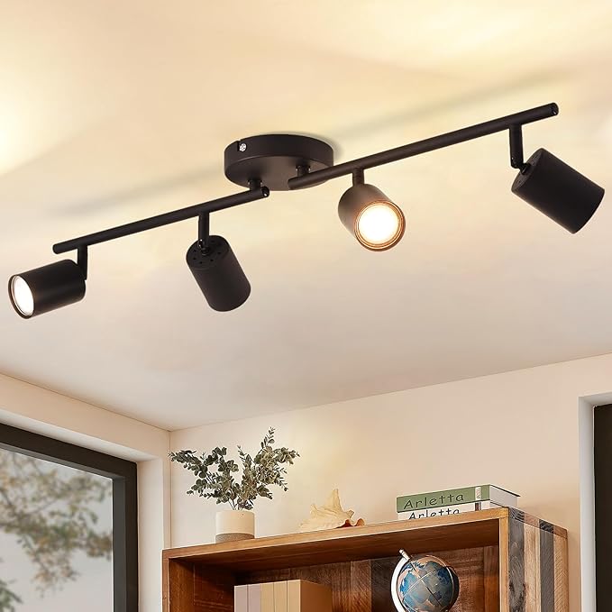 ANWIO ANWIO EUS-EA190811 Led-plafondlamp, 4 lichtpunten, zwart, zwenkbaar, GU10, moderne plafondspot voor keuken, slaapkamer, woonkamer (zonder lampen)