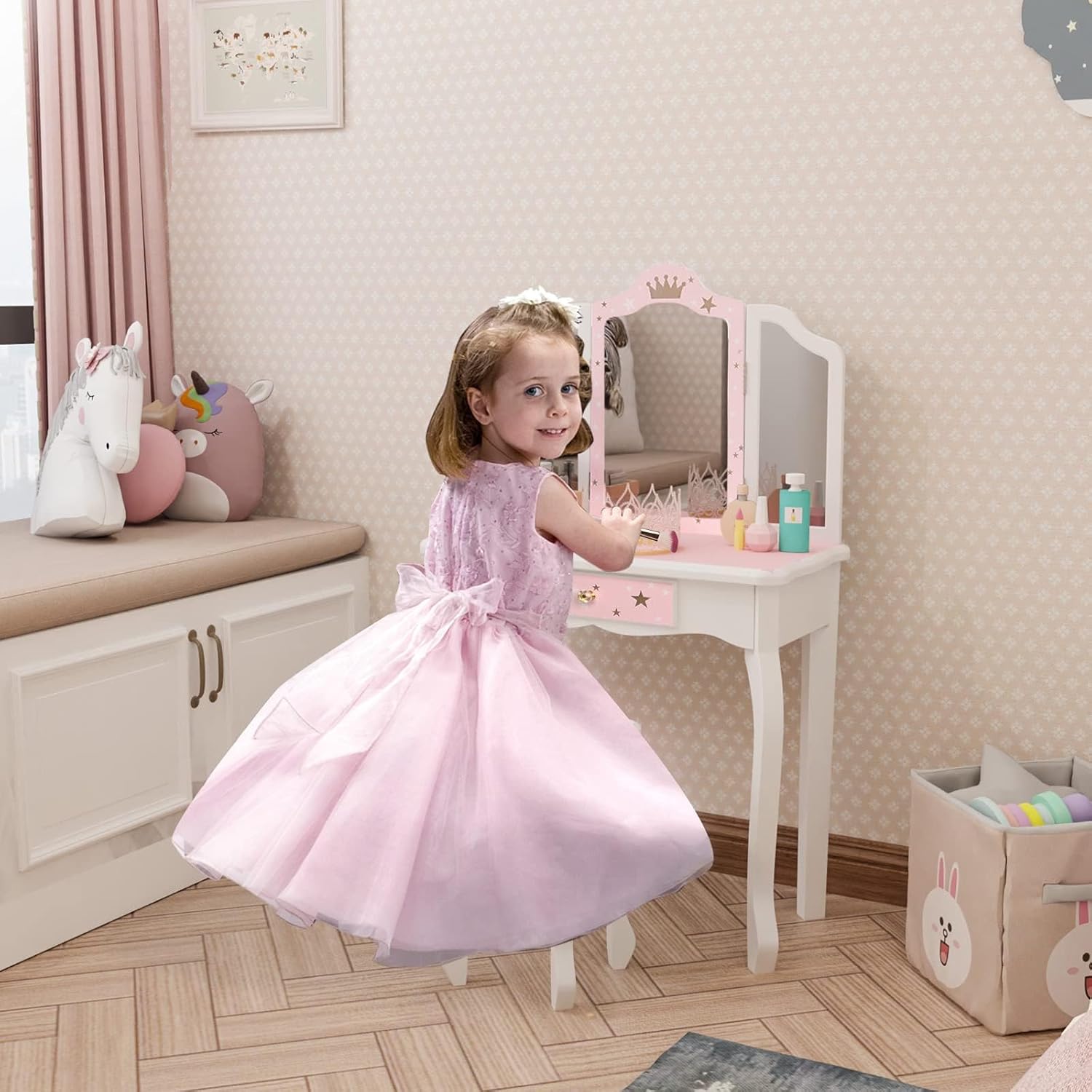 JOYMOR Kids Vanity, 2-in-1 Girls Vanity, Tri-Folding Mirror & Large Drawer, Solid Wooden Legs, Beauty Make Up Dressing Vanity Set, Kids Vanity with Mirror Age 4-9 (Pink)