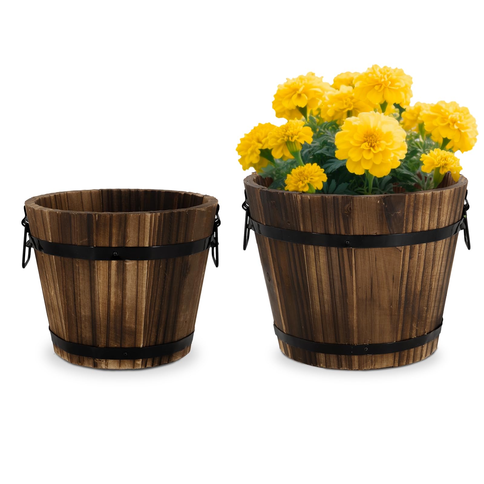 Wooden Barrel Planters, 8 inch 7 inch Plant Pot with Drainage Holes for Indoor Plants Decor, Set of 2