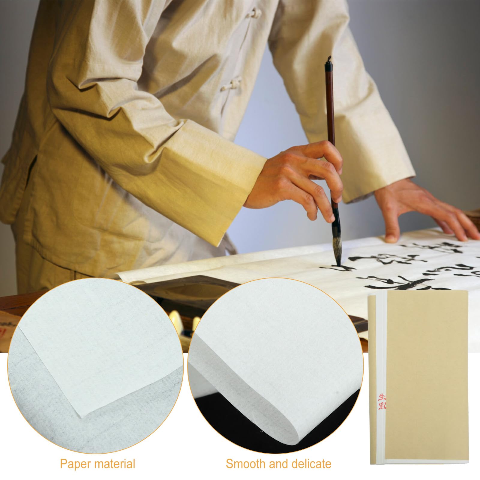 Sosoport Papier à Dessin Chinois Rectangulaire Blanc Multi-fonction 100 Feuilles Légères et Solide pour Débutants et Amateurs de Calligraphie