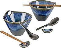 Vista 13 de UNICASA Juego de 2 cuencos japoneses para ramen con palillos, cucharas y reposos, cuencos de fideos de porcelana profunda de 26 onzas para Udon