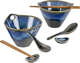 UNICASA Japanese Ramen Bowl Set with Chopsticks, Spoons and Rests, 20oz Deep Porcelain Noodle Bowl Set of 2 for Udon, Pho, Salad, Soup (Volcano Blue)