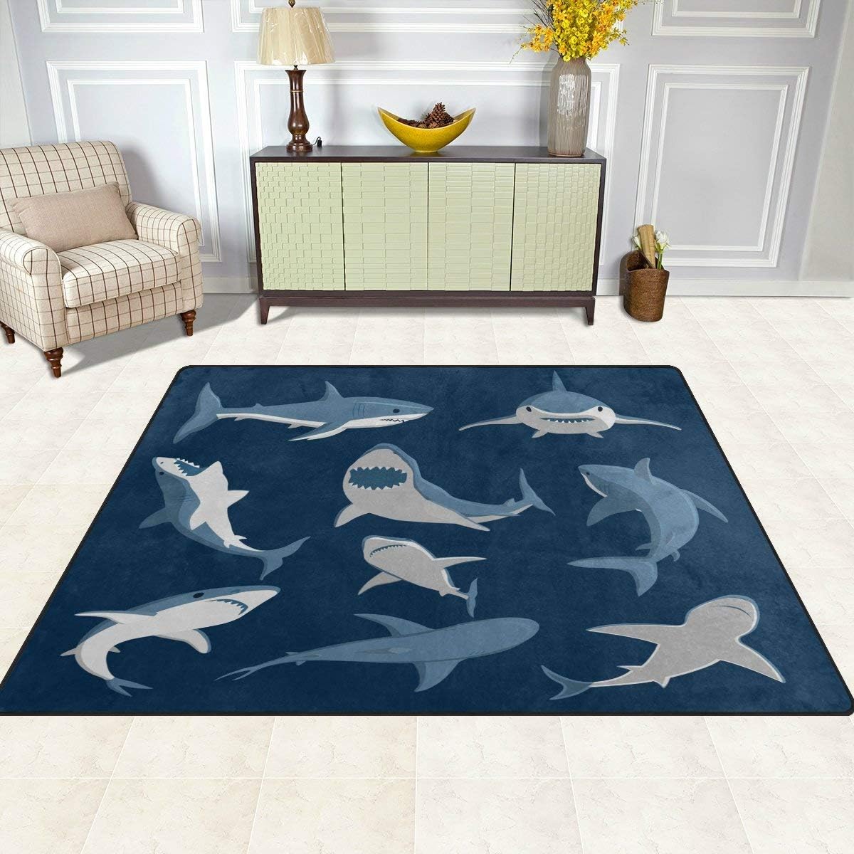 ALAZA Blue Cartoon Shark Print Area Rug Rugs for Living Room Bedroom 4'10" x 6'8", Multi 18, 4'10" x 6'8" (Rectangular) - Image 5