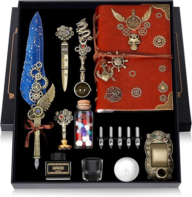 Quill Pen Ink Set Leather notebook With Quill Pen, Notebook, 5 Replaceable Nibs, Seal Stamp, Spoon, Wax Beads, White Wax, Ink, Pen Holder, Cup, Envelope, Letter Paper, Envelope Tool(blue)