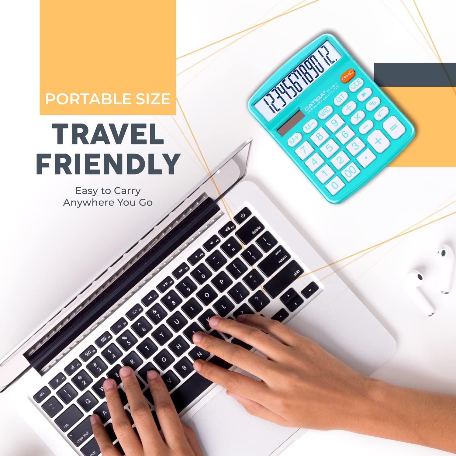 A CATIGA calculator next to a laptop, illustrating its portable and travel-friendly size.