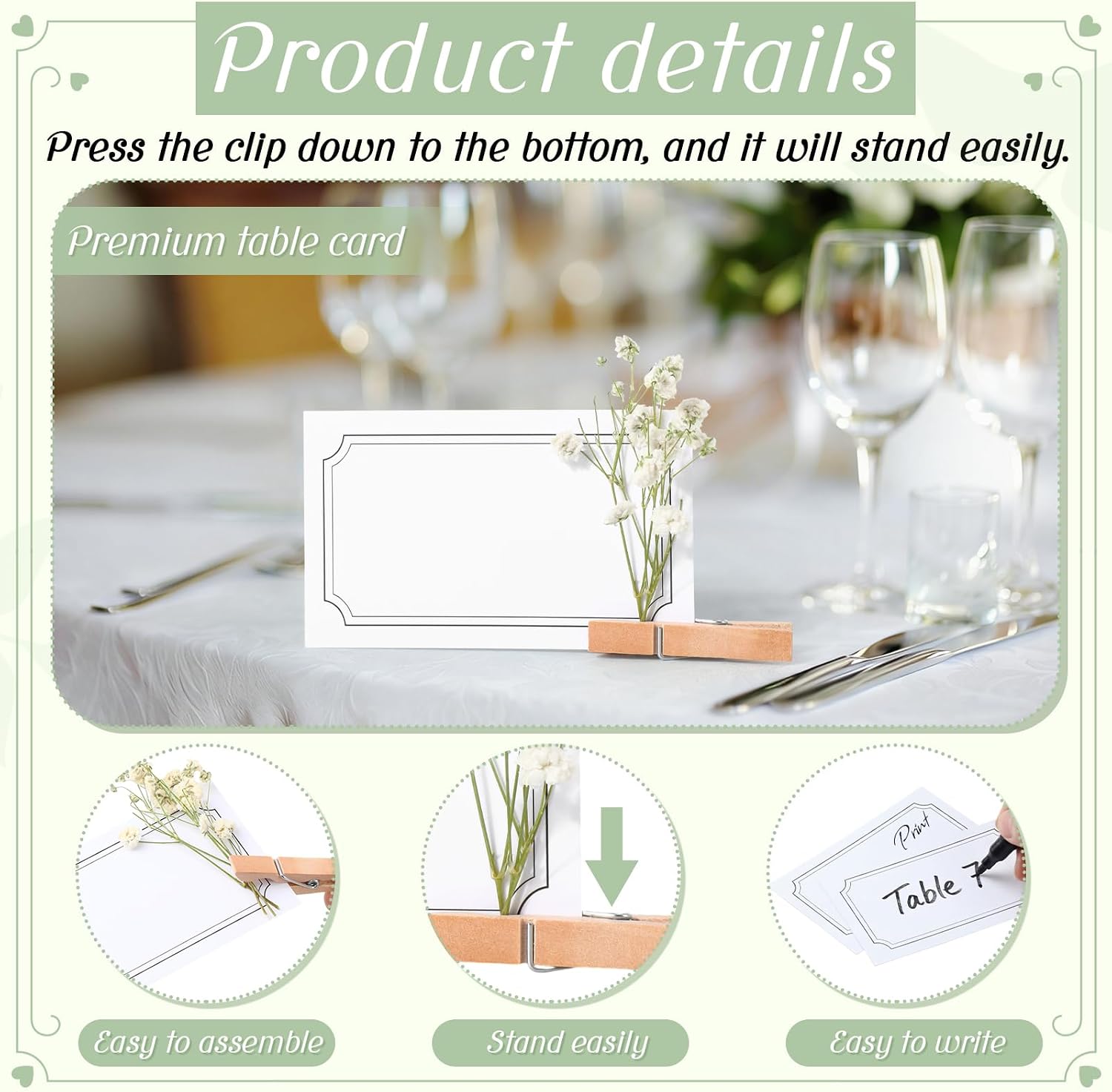 50 Pcs Wedding Place Cards with Wooden Clip, Black