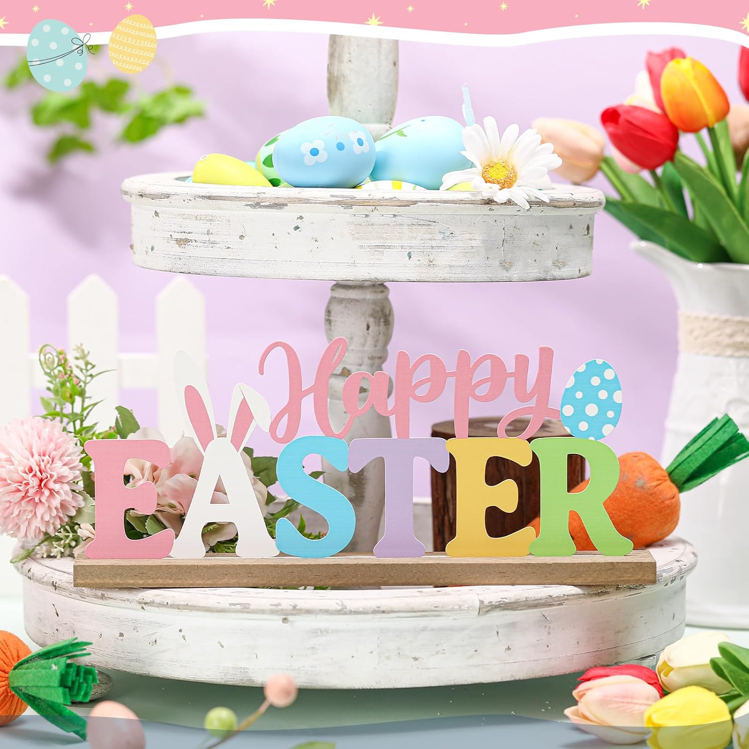 MiniInflat Happy Easter Metal Sign Rustic Table Decor Holiday Tiered Tray Decor with Wooden Base Freestanding Metal Word Sign for Home Tabletop Centerpiece Mantel Shelf Fireplace