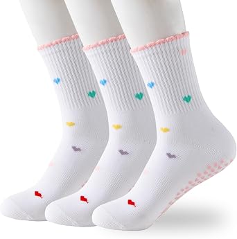Meeshine 3 Pack Cute Pilates Grip Socks for Women Yoga Barre Non Slip Cotton Athletic Crew Grippy Sock for Workout Hospital