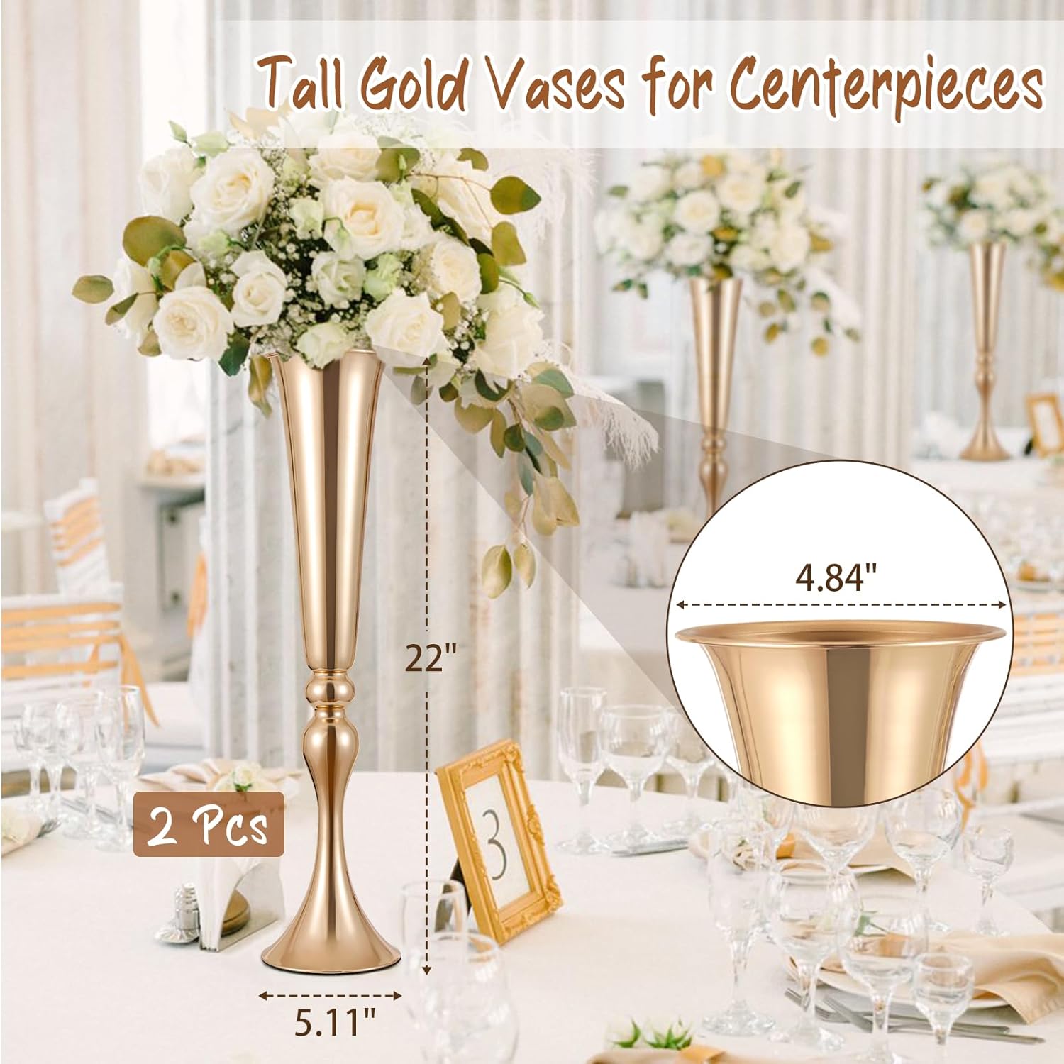 SHOHAYTO 2 Pcs 22" Tall Gold Vases Metal Flower Arrangement Stand, Versatile for Centerpieces, Decoration for Table, Party, Wedding