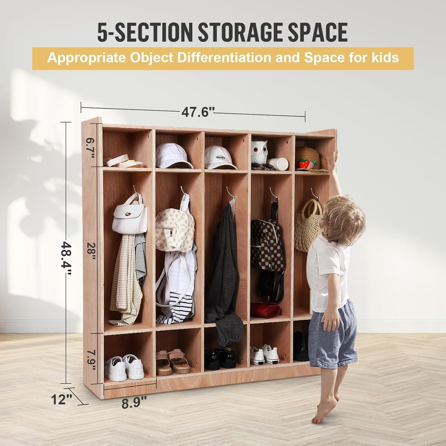 5-Section Classroom Coat Locker, 10 Cubbies for Classrooms, Daycare Cubby with 4 Hidden Wheels & 5 Hooks & 2 Storage Boxes, Cubby Storage Organizer for Kids, Kindergarten, Home, School