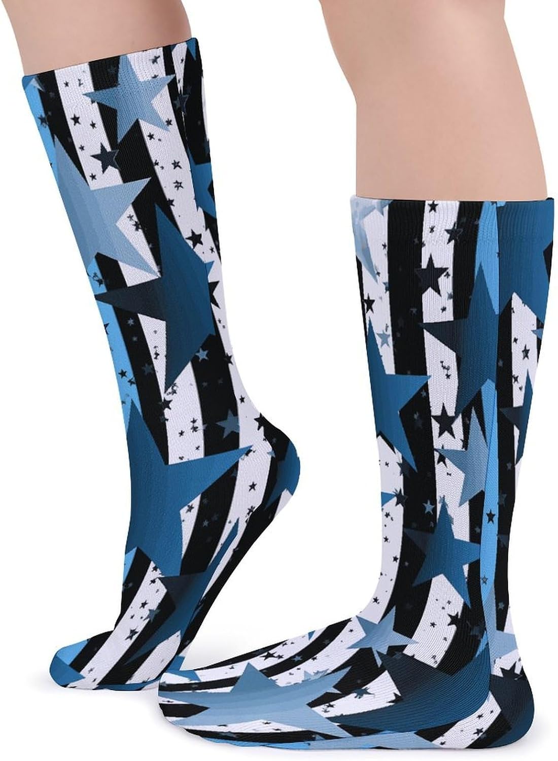 Blue Black White Stripes And Stars Crew Socks Soft Thermal Socks | Socks for Men Women-Casual Wicking,High Stocking for Sports Running-Long Thin Tube Sports Breathable