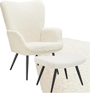 tectake® Fluffy Bouclé Fabric Lounge Chair with Footstool in Scandinavian Design with Ergonomic Arm and Backrests for High Comfort, Easy to Assemble, with Steel Legs and Protective Covers - Cream / Black