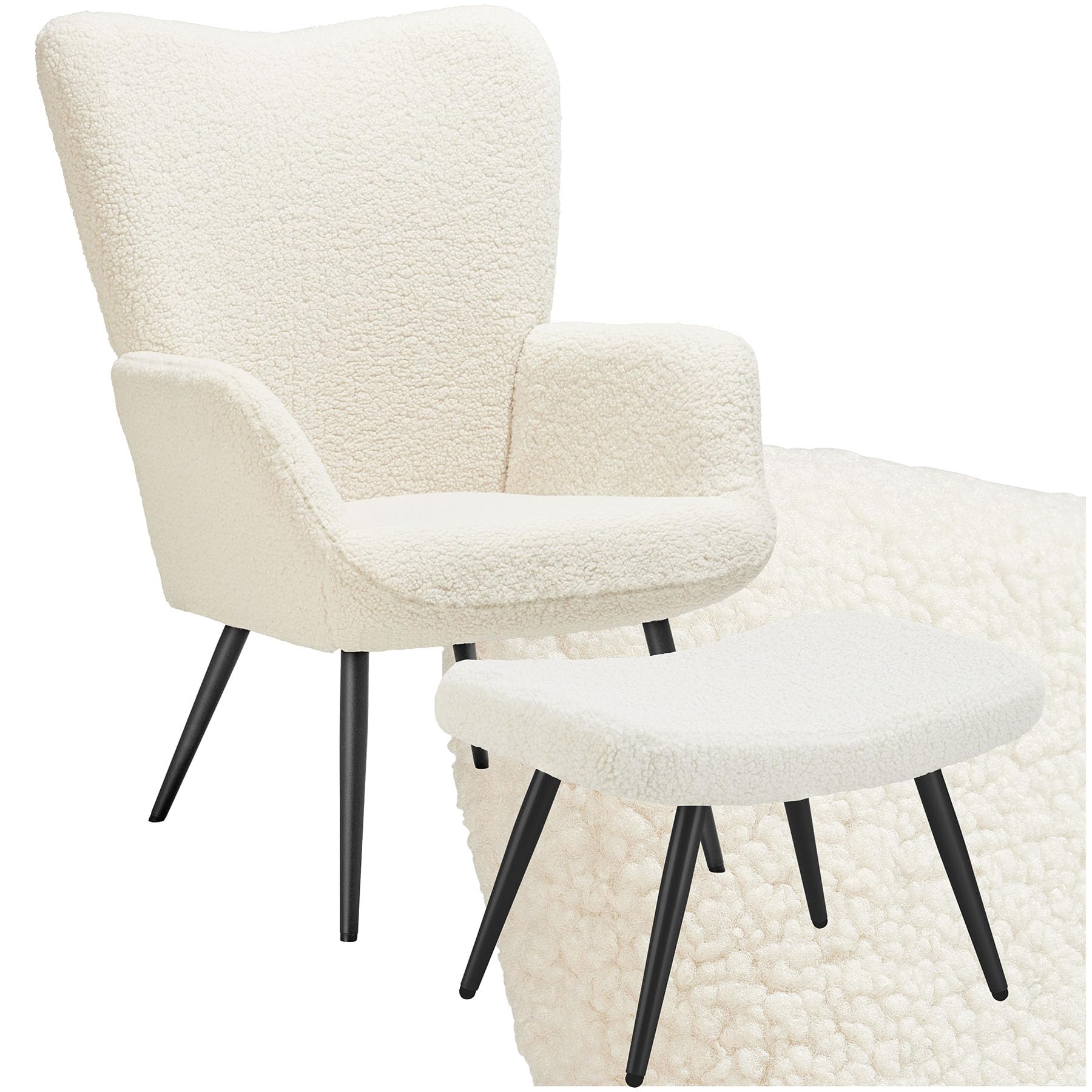 TecTake® Sillón Orejero Estilo Escandinavo, Butaca de Salón con Taburete, Tapizado en Tejido Bouclé, Sillón Lectura con Respaldo Ergonómico, Mueble de Salón, Topes en Patas, hasta 150kg - Crema/Negro