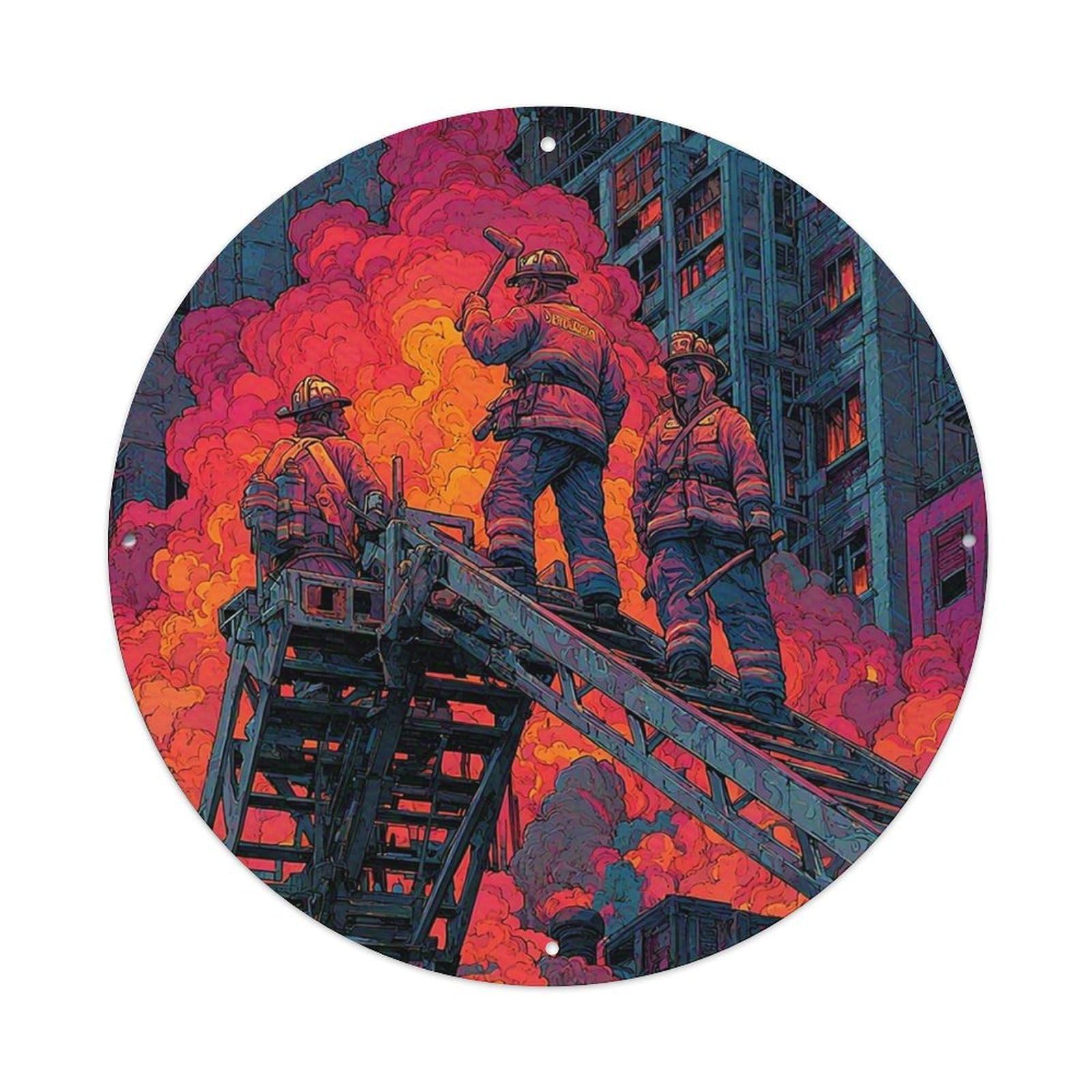 Firefighters On Ladder Fighting Fire Tin Sign Metal Poster Vintage Metal Signs for Home Man Cave Bar Cafe Kitchen laundry room Wall Decorations 8x8 inches