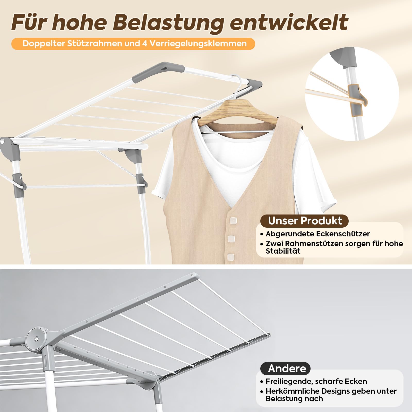 KINGBOARD Wäscheständer klappbar groß, Flügelwäscheständer ausziehbar 174x97x156 cm, Stabiler Wäschetrockner Ständer mit rutschfesten Füßen, Standtrockner faltbar für Innen und Außen, Weiß
