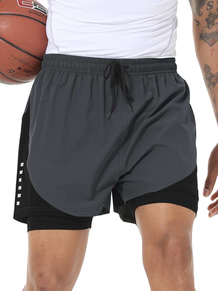 Shorts de corrida masculinos 2 em 1 de secagem rápida para treino atlético com bolsos com zíper